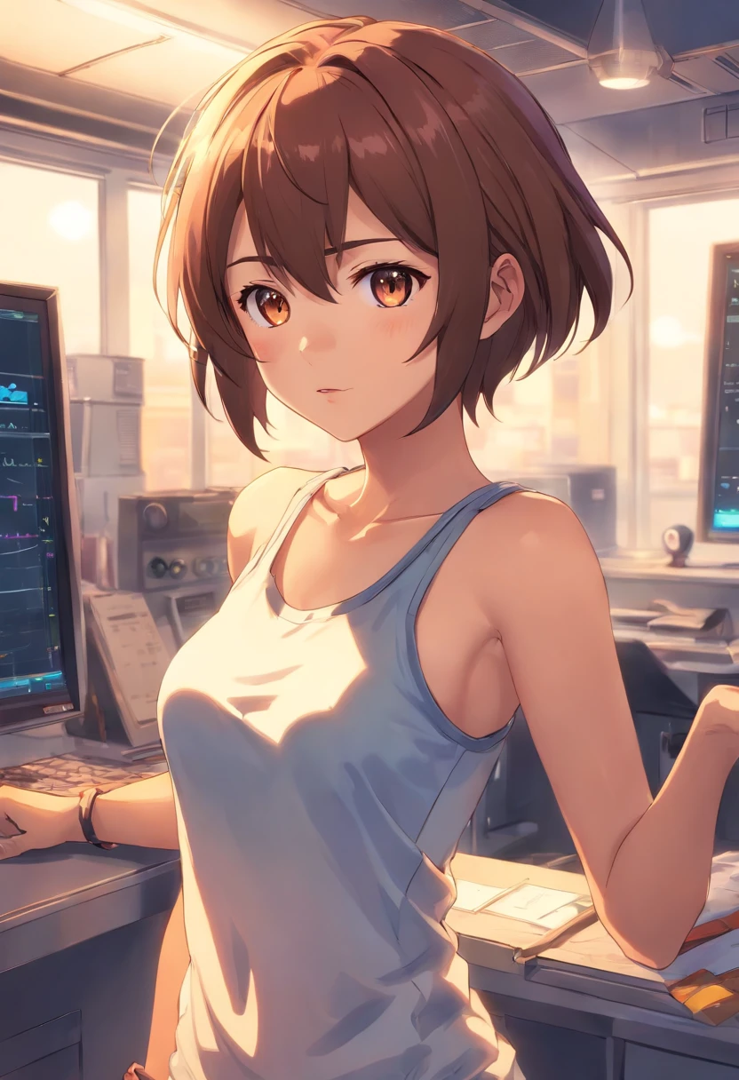 Anime girl in a blue tank top standing in front of a computer - SeaArt AI