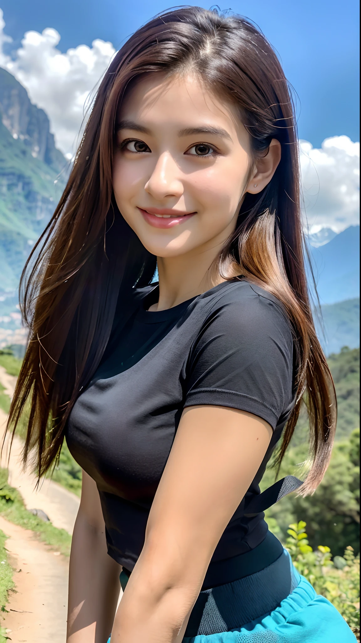 (Natural Landscape Photography), (Best Quality), masutepiece:1.2, 超A high resolution, Photorealistic:1.4, Raw photo, (Magnificent mountain, sea of clouds), (At very high mountain peaks), (Rocky mountain trail), (Wide angle shot),  (Show cleavage:0.8),
(1girl in), (Photo from the knee up:1.3), (1), (Smile:0.9), (Shiny skin), (Semi-long chignon hair, dark brown hair), 
(Black tight shirt, Trekking Shorts), (Carrying a large backpack), 
(hyperdetailed face), (Super Beautiful Maid), (Ultra detailed eyes), (Ultra-detailed nose), (Ultra detailed mouth), (Ultra detailed arms), (ultra detailed body), Pan Focus, gaze at the audience