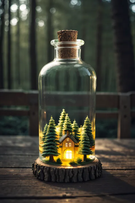 (Intricate forest mini town landscape trapped in a bottle), Atmospheric Oliva lighting, On the table, 4K ultra HD, Dark vibes, ultra - detailed, Bright colors forest background, Epic composition, rendering by octane, Sharp focus, High-resolution isometrics
