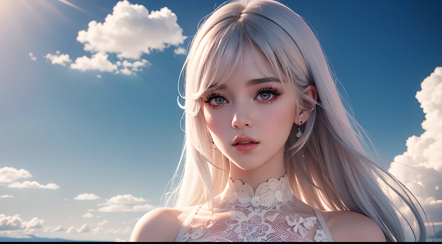 8K high-definition，realistic visual effects，attractive beautiful，​​clouds，White clouds fill the sky，Gentle lighting，Delicate warmth，the soft light，hyper HD， Extremely colorful，best qualityer，perfect female shape，HighDynamicRange，long eyelasher，Unbeatable masterpiece，Snow-whiteskin，putting makeup on， Sexy goddess，Strange sky，A pair of big eyes are beautiful and moving，White skin，Makeup，Sexy outfit，，Sexy goddess，Sexy outfit，Wear white lace，With silver，Snowy