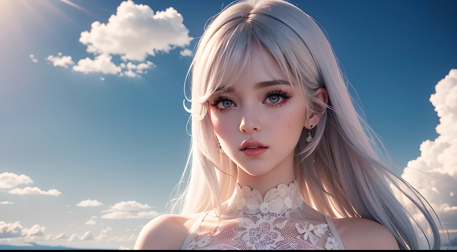 Alta definición 8K，efectos visuales realistas，atractivo hermoso，nubes，Nubes blancas llenan el cielo，iluminación suave，Calidez delicada，la luz suave，hiper alta definición， Extremadamente colorido，mejor calidad，forma femenina perfecta，Alto rango dinámico，pestañas largas，Obra maestra inmejorable，Piel blanca como la nieve，maquillarse， diosa atractiva，cielo extraño，Un par de ojos grandes son hermosos y conmovedores.，piel blanca，constituir，traje sexy，，diosa atractiva，traje sexy，Use encaje blanco，con plata，Nevado