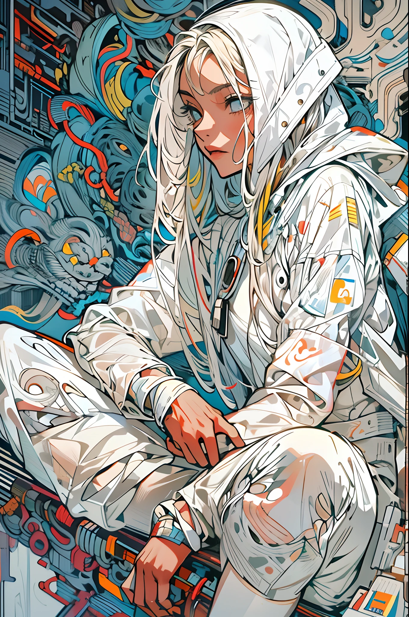 白いテックウェアを着た1人の僧侶の戦士の少女, 白い長い髪, 靴ひも, 抽象的なビンテージ SF 背景, アート：メビウス, アート：アシュリー・ウッド