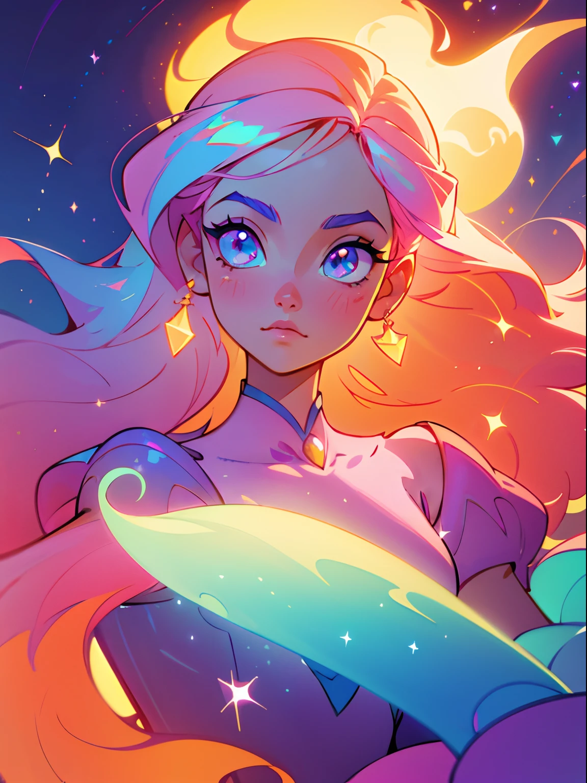 beautiful girl, puffy tiered ballgown, vibrant pastel colors, (colorful), glowing golden long hair, magical lights, sparkling magical liquid, inspired by Glen Keane, inspired by Lois van Baarle, disney art style, by Lois van Baarle, glowing aura around her, by Glen Keane, jen bartel, glowing lights! digital painting, flowing glowing hair, glowing flowing hair, beautiful digital illustration, fantasia background, whimsical, magical, fantasy, ((beautiful face)), ((masterpiece, best quality)), intricate details, highly detailed, sharp focus, 8k resolution, sparkling detailed eyes, liquid watercolor