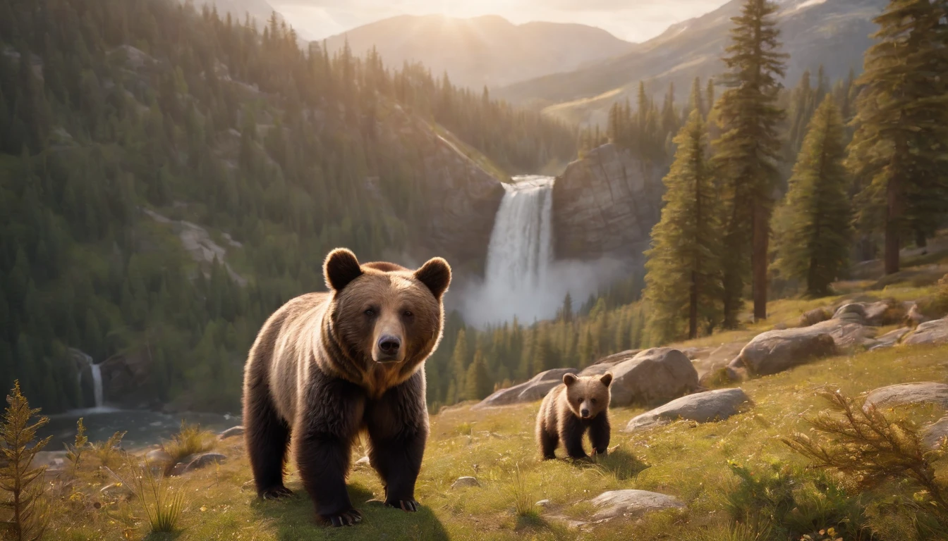 There are two bears that are standing in the grass near a waterfall ...