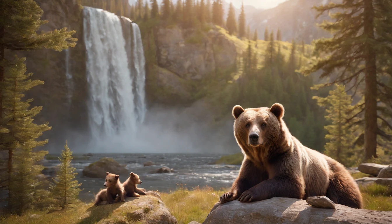 There are two bears that are sitting on a rock in the woods - SeaArt AI