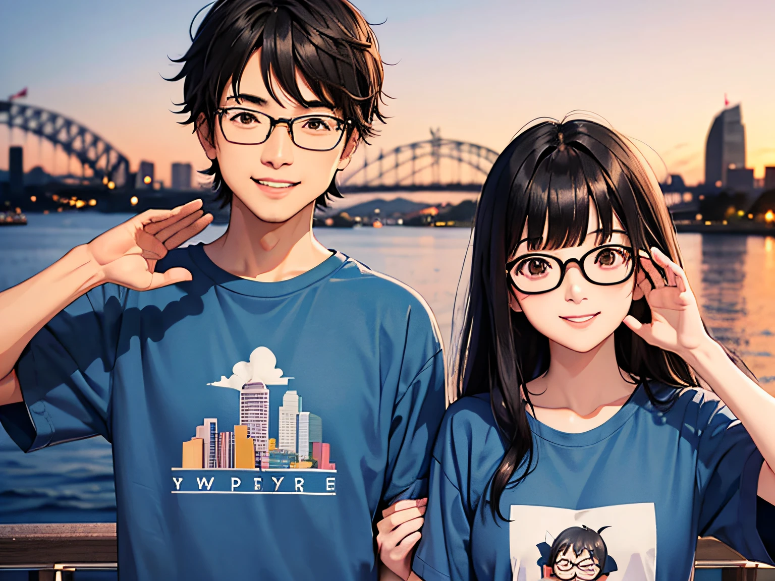 Anime couple posing for picture in front of a river with a bridge in the  background - SeaArt AI