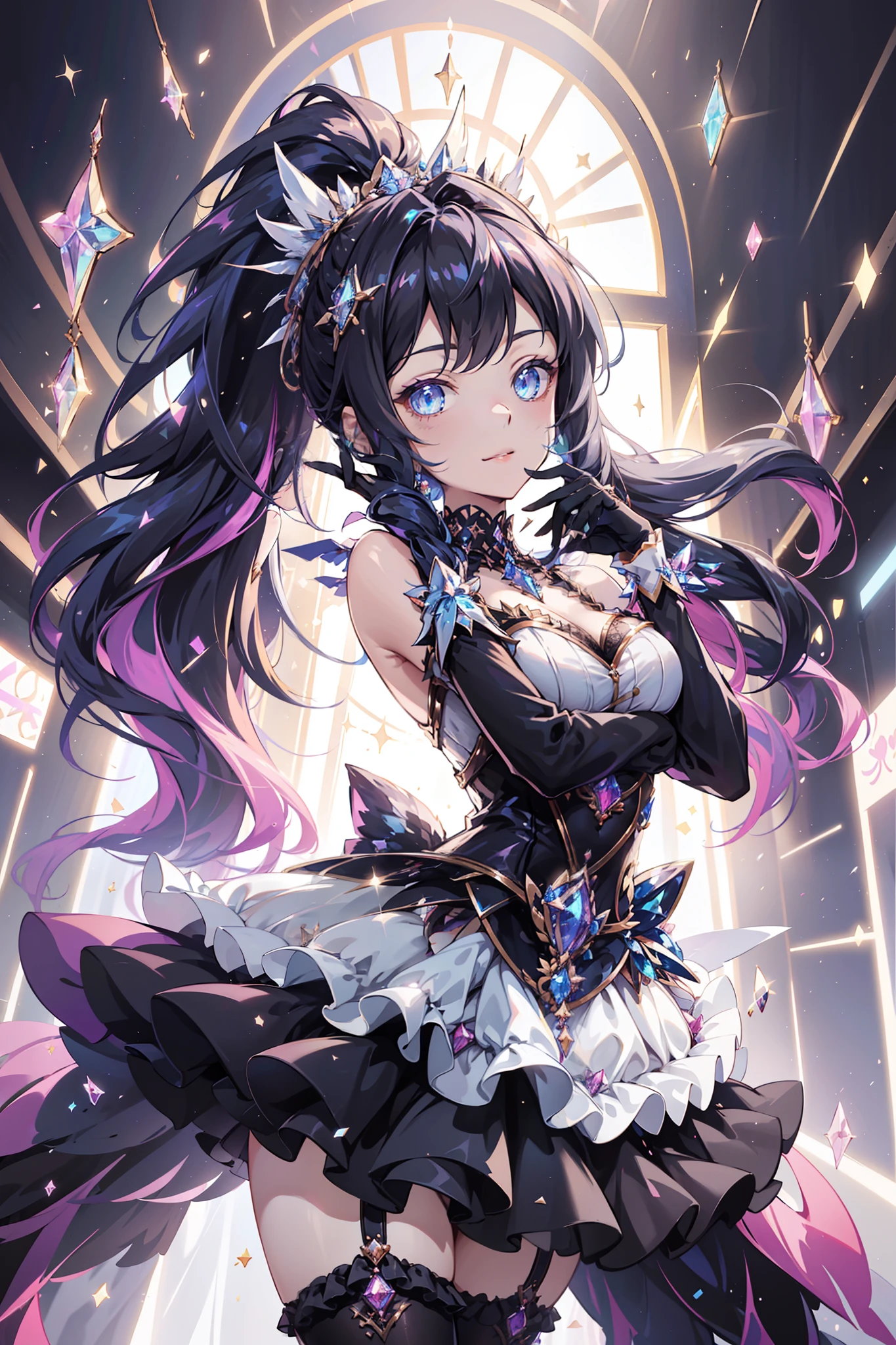 (glitters:0.9), (Sparkle:0.9), (Shine:0.9), (Best quality), (Masterpiece:1.2), (Anime style),Idol girl，Extremely colorful，Colorful，Beautiful and delicate face and hair，Complete body，Black and white double ponytail，Lolita dress，Lace，folds，Ruffles， stocklinguffin shoes，Seductive pose，The background is a luxurious stage，the night，Ready to get started