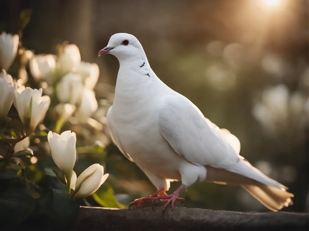 a White dove carries a branch with their beaks.,  country is in ruins, white lily \(flower\), 
look at a camera, soft volumetric lights, (backlit:1.3), (cinematic:1.2), intricate details, (ArtStation:1.3), realistic, masterpiece,  high quality,