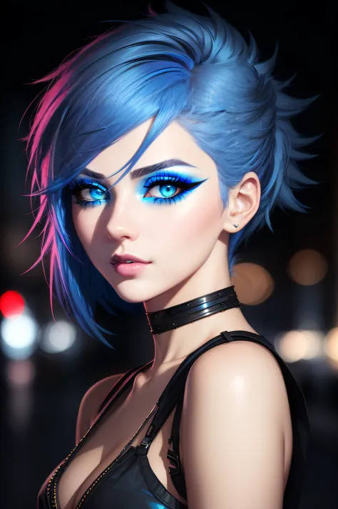 beautiful girl, half body portrait, short bright blue dishevelled hair, black eyeshadow, (street style wear:1.2), (city night ba...