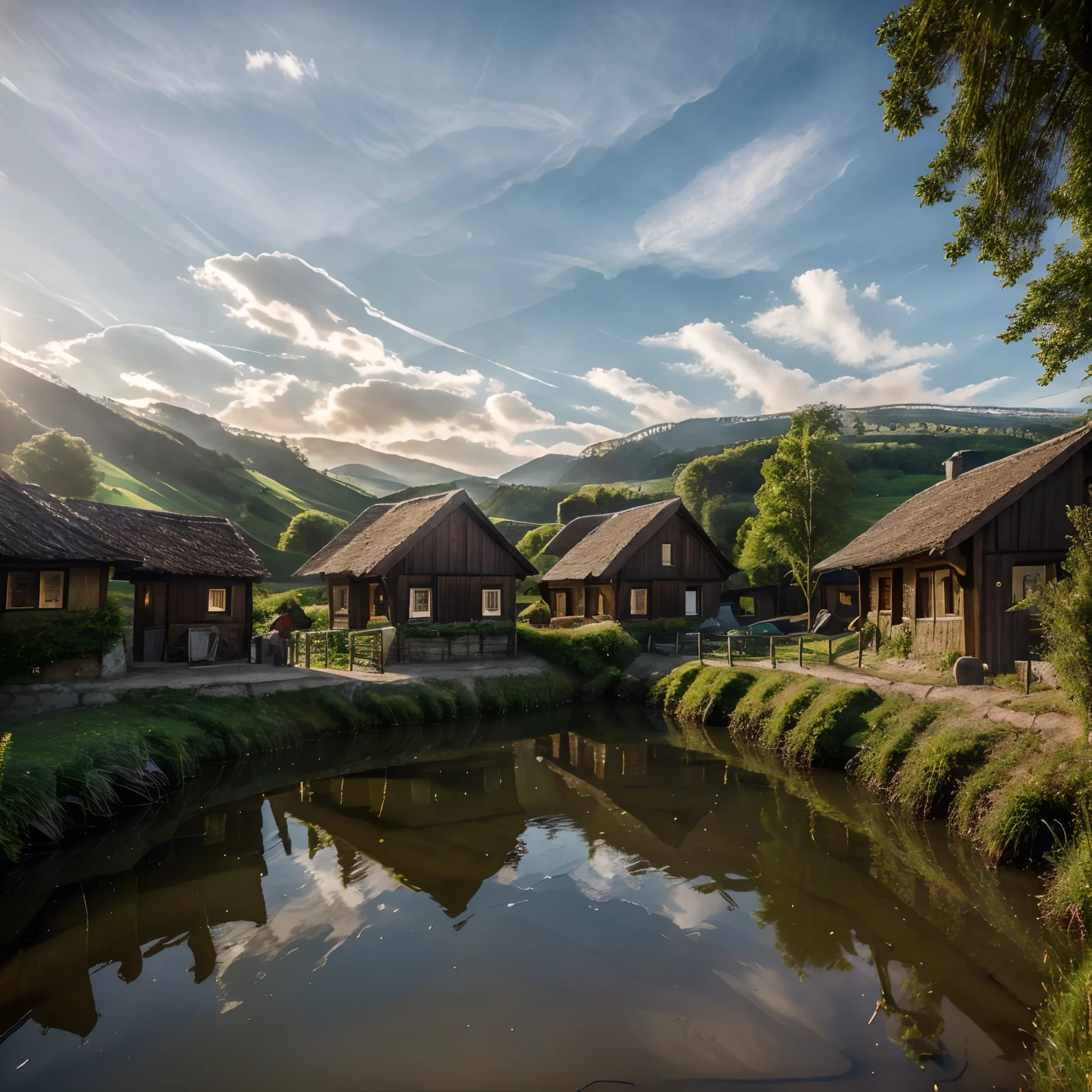 Uma fotografia simples da aldeia amish com casas de madeira e uma igreja de madeira, rural, in the interior of São Paulo state, cercado por montanhas verdes ao lado de um rio marrom, (melhor qualidade,4K,8K,alta resolução,obra de arte:1.2), Ultra-detalhado, (realista,photorealista,photo-realista:1.37), materiais tradicionais, realista depiction of wooden texture, atmosfera pacífica, cores vibrantes, luz solar suave, vista panorâmica, Fluxo calmo do rio, arredores pitorescos, vegetação exuberante, ambiente tranquilo.