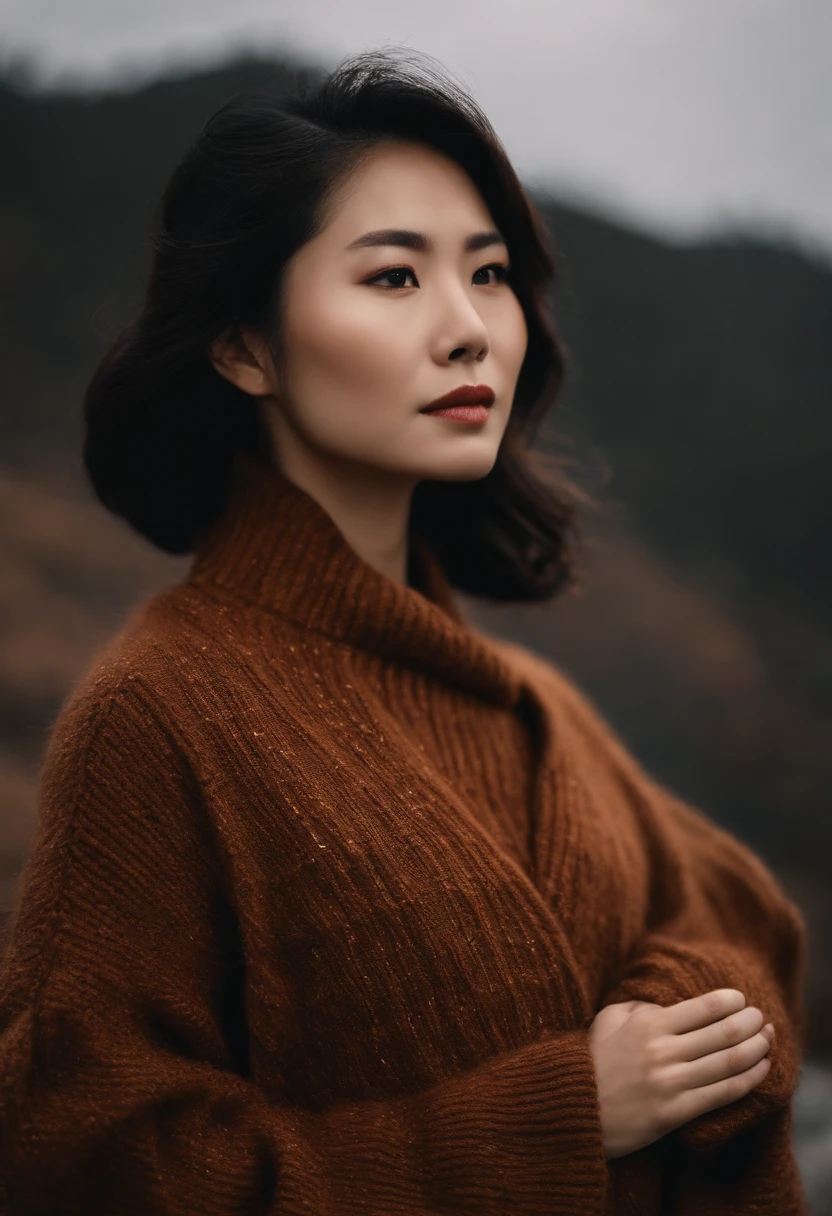 Japan woman in brown knitwear、