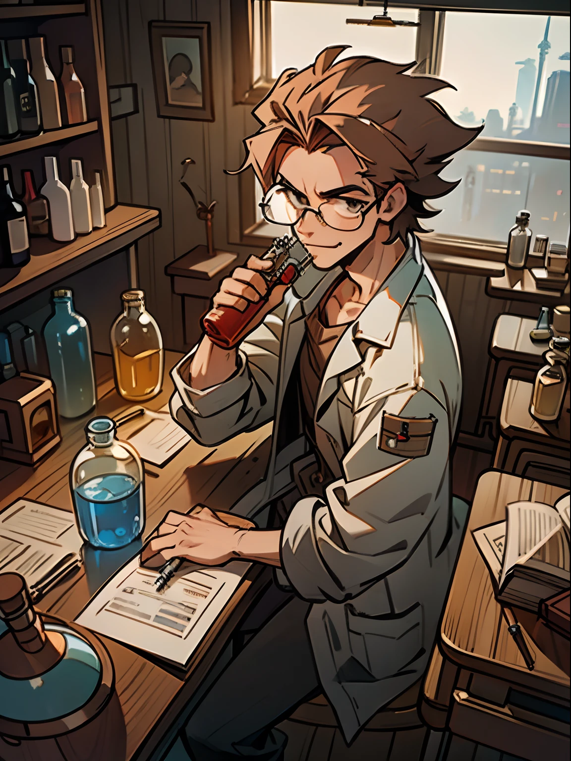 masterpiece, best quality, 1 male, adult, tall muscular, handsome, complicated laboratory, mad scientist, messy hair, forehead, glasses, wooden wall, desk full of junk, test tube, bottles, Window, sit on chair, hold test tube, evil smile, from side|from above