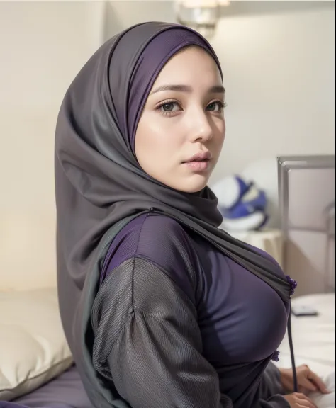 (64k, RAW photo, best quality, masterpiecel1.4), ((leapfrog on bed)) , (realistic, photo-realistic:1.37), photo of a women in purple hijab, 1girl, (lighting), (massive-breasted:1.2),[[big thigh ass], ((erectnipples)) ((backview))