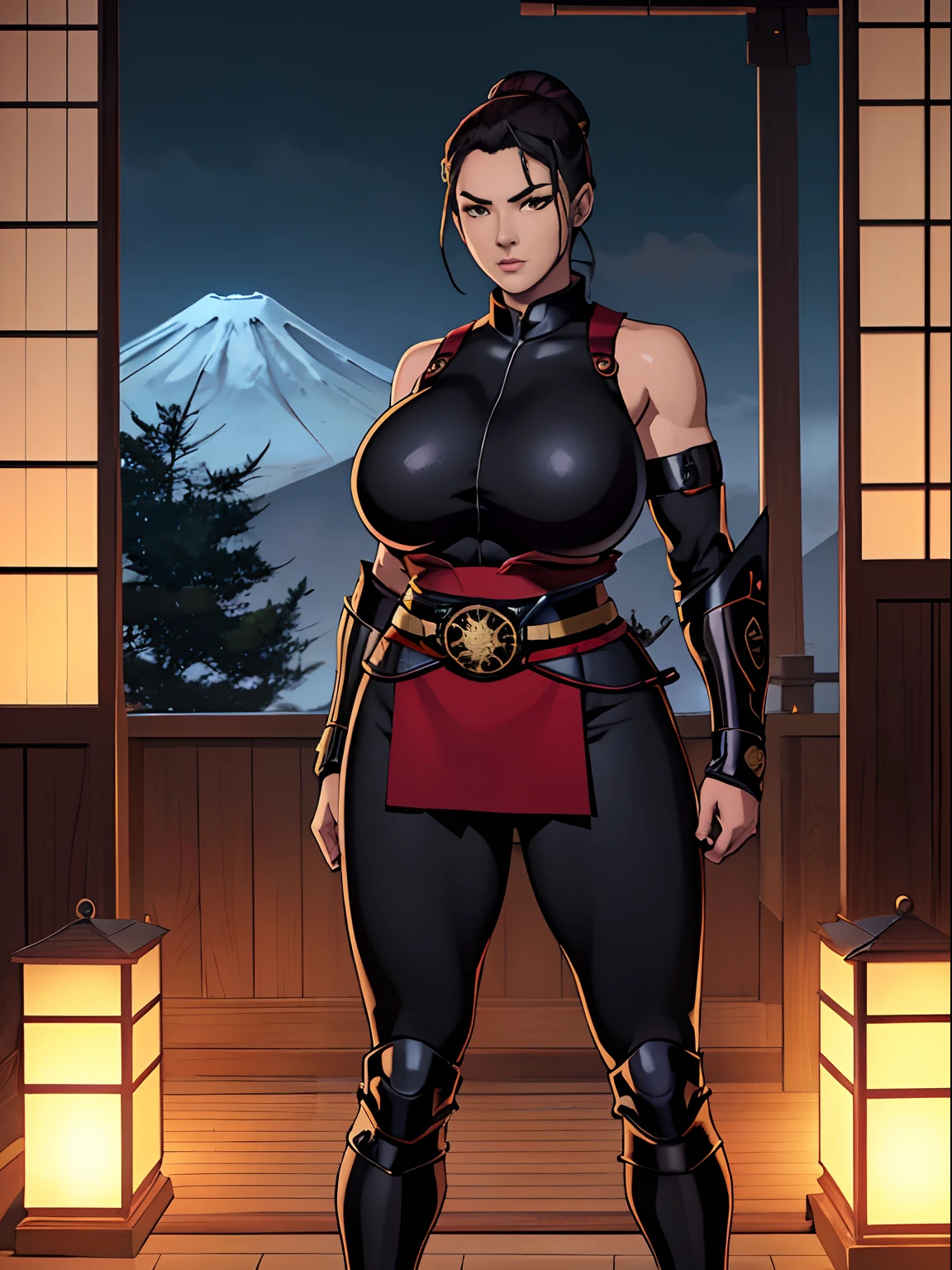 (masterpiece, top quality, best quality, official art, beautiful and aesthetic:1.2), (1girl:1.3), hot Japanese girl, pornstar face, dark brown hair in a tight bun, extremely detailed, portrait, looking at viewer, solo, (full body:0.6), detailed background, close up, (warm summer Feudal Japan theme:1.1), samurai, charlatan, mysterious, standing in a garden, samurai armor, samurai helmet, crest, pauldrons, hip armor, breastplate, greaves, bracers, gloves, katana, banner, metal, black leather, breeches, leggings, loose pants, bracers, armor, gauntlets, boots, buckles, straps, ((((gigantic breasts)))), slim waist, slim hips, long legs, sunset, Feudal Japan, Mount Fuji, (Japanese garden exterior:1.1) background, dark mysterious lighting, shadows, magical atmosphere, dutch angle,
