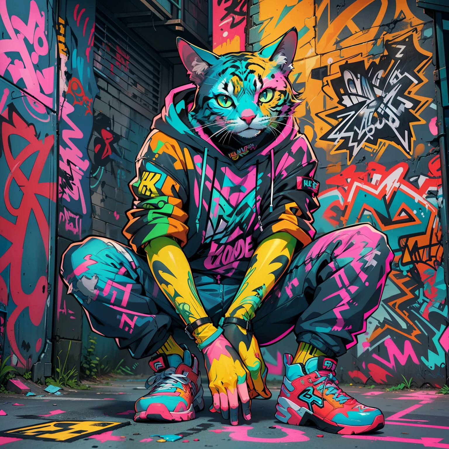 Neon colored cat in back alley、(Super Detail)、(8K)、((Hip Hop Fashion))、(graffiti wall)、(full body Esbian)、(hyperdetailed face)、(Detailed feet)、(Detailed hand)、(Cool Face)、(sitting with knees arised)、(Put your arms on your knees)