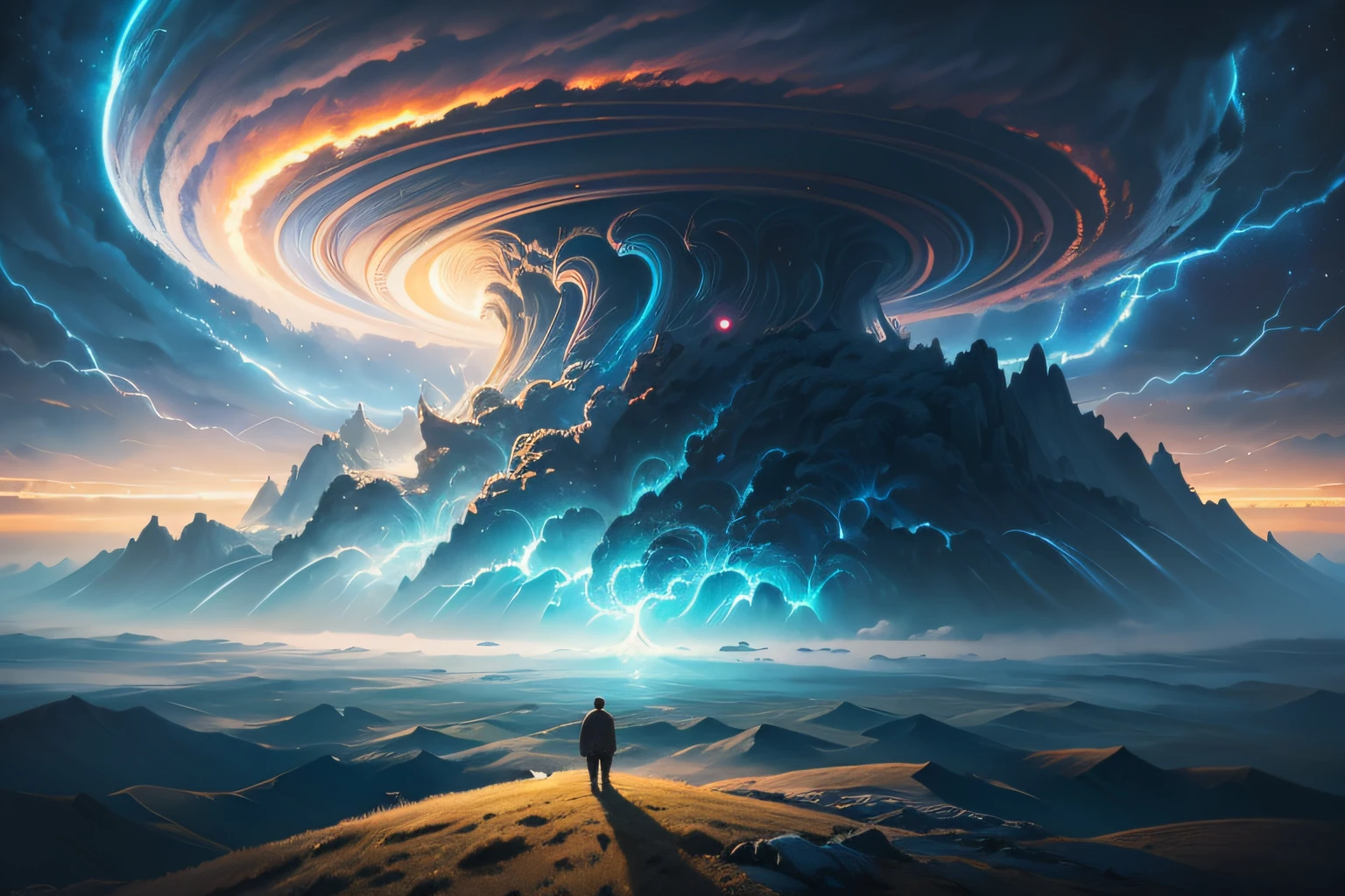 a man standing on a hill looking at a distant landscape, digital art inspired by Cyril Rolando, trending on Artstation, space art, beeple and tim hildebrandt, artgem and beeple masterpiece, beeple and jeremiah ketner, realism | beeple, beeple and jean giraud, beeple and greg rutkowski painting of a large cloud with a tornado swirl coming out of it, a surrealist painting by Michael Sutfin, shutterstock contest winner, surrealism, android jones and rhads, cloud vortex, thick swirling tornado, surrealistic painting, surrealist landscape painting, thunder clouds modernism, surreal scene, surreal clouds, jacek yerka and vladimir kush, surreal painting, lightning , star fields