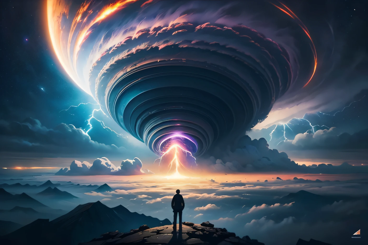 a man standing on a hill looking at a distant landscape, digital art inspired by Cyril Rolando, trending on Artstation, space art, beeple and tim hildebrandt, artgem and beeple masterpiece, beeple and jeremiah ketner, realism | beeple, beeple and jean giraud, beeple and greg rutkowski painting of a large cloud with a tornado swirl coming out of it, a surrealist painting by Michael Sutfin, shutterstock contest winner, surrealism, android jones and rhads, cloud vortex, thick swirling tornado, surrealistic painting, surrealist landscape painting, thunder clouds modernism, surreal scene, surreal clouds, jacek yerka and vladimir kush, surreal painting, lightning , star fields