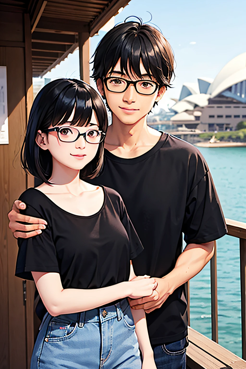 Anime couple posing for picture in front of a body of water - SeaArt AI