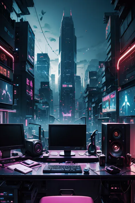 One desktop computer. In the background there is an image of the city, and the city is melting like paint. 8K image quality. cyb...