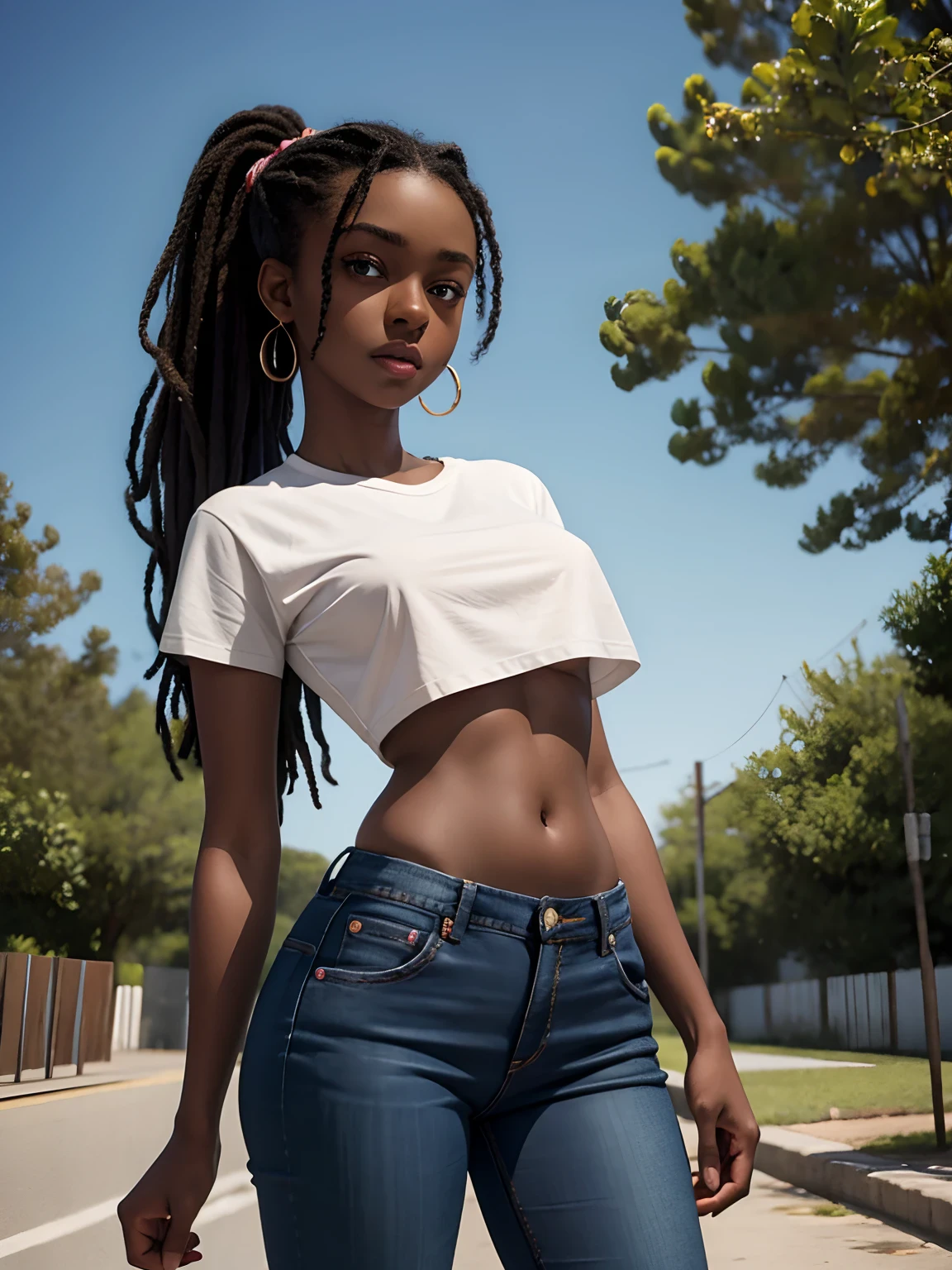 best quality, high detail, (detailed face), detailed eyes,((best quality, masterpiece)), ((1 dark skinned African girl)), white t-shirt, short sleeves, navel, stomach, jeans, crop top, large breasts, (arms at side:1.2), groin, hip bones, ponytail, blunt bangs, black hair, underboob, straight-on, standing, outdoors, looking at viewer,