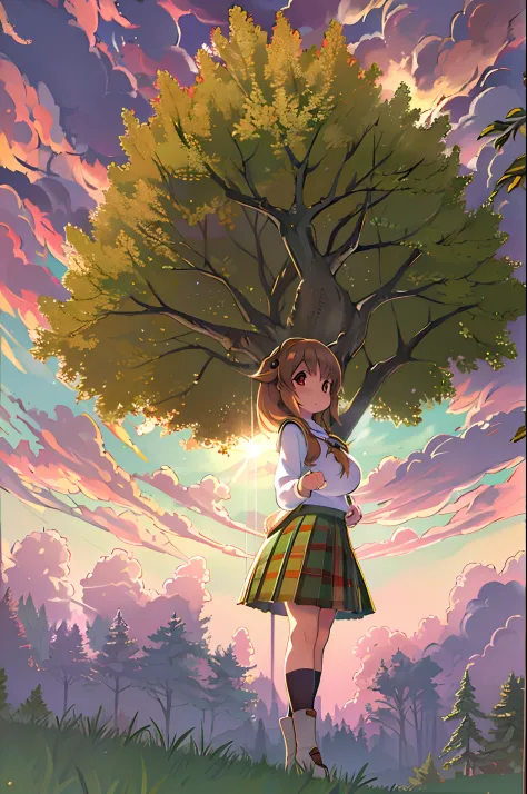 sally acorn, 1girl in, solo, tree, skyporn, outdoors, skirt, cloud, brown, hair, sunset, lens, f lare, scenery, school, uniform,...