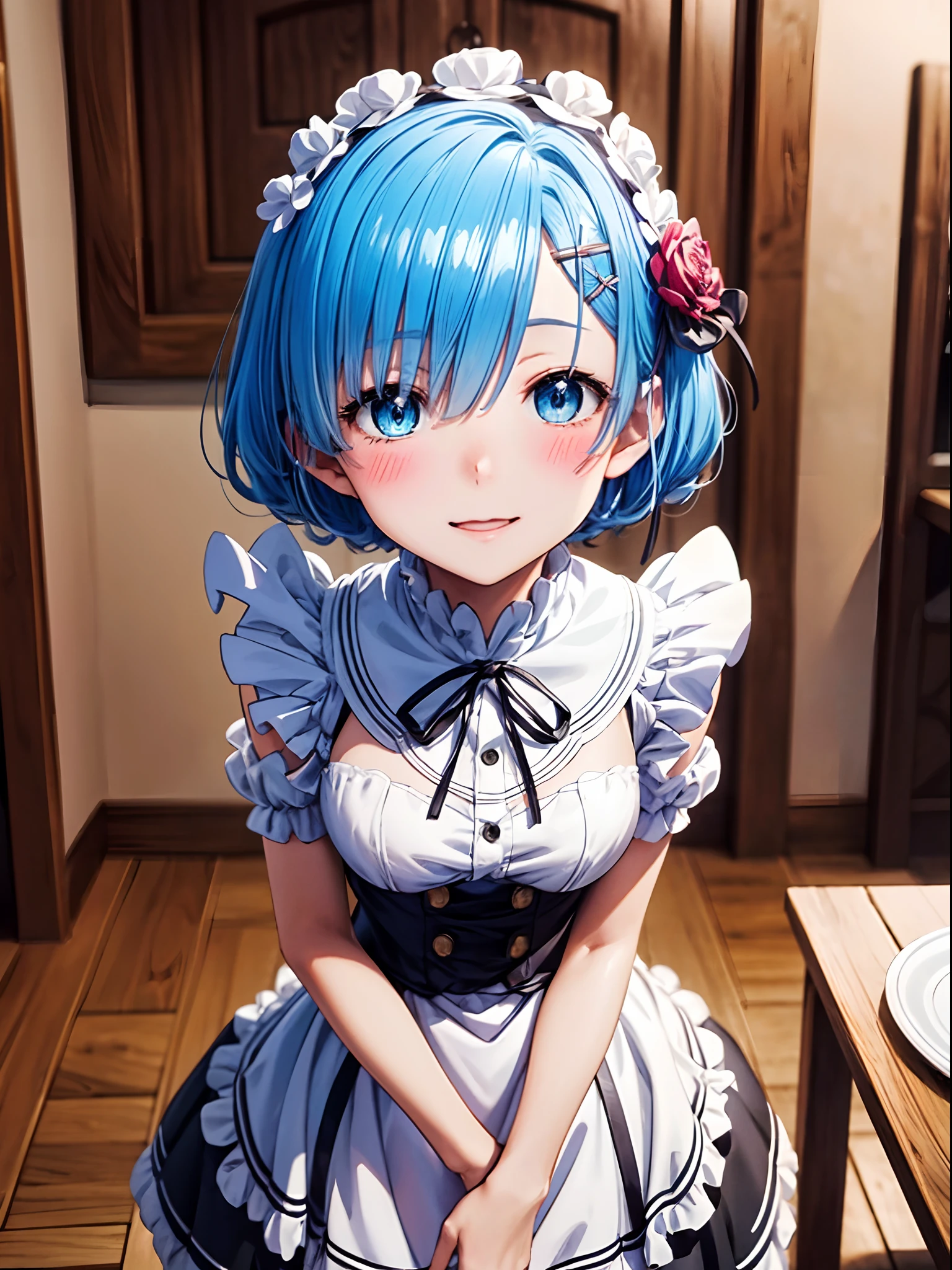 An ultra-high picture quality、(​masterpiece)、[3D images:1.5],Attractive eyes、anime moe art style、White Maid Clothes、The smile is very cute、[[A detailed eye、Colorful eyes、radiant eyes:1.15]]、blue hairs、Remu,best anime 4k konachan wallpaper, anime style 4 k,、Cowboy Shot,8ＫImagen、(top-quality:1.2)、(Face Details:1.2)、​masterpiece、Ultra-precision fingertips、The highest image quality, red blush, top-quality, Perfect litthing, 1girl in, Black skirt, Middle Breath、