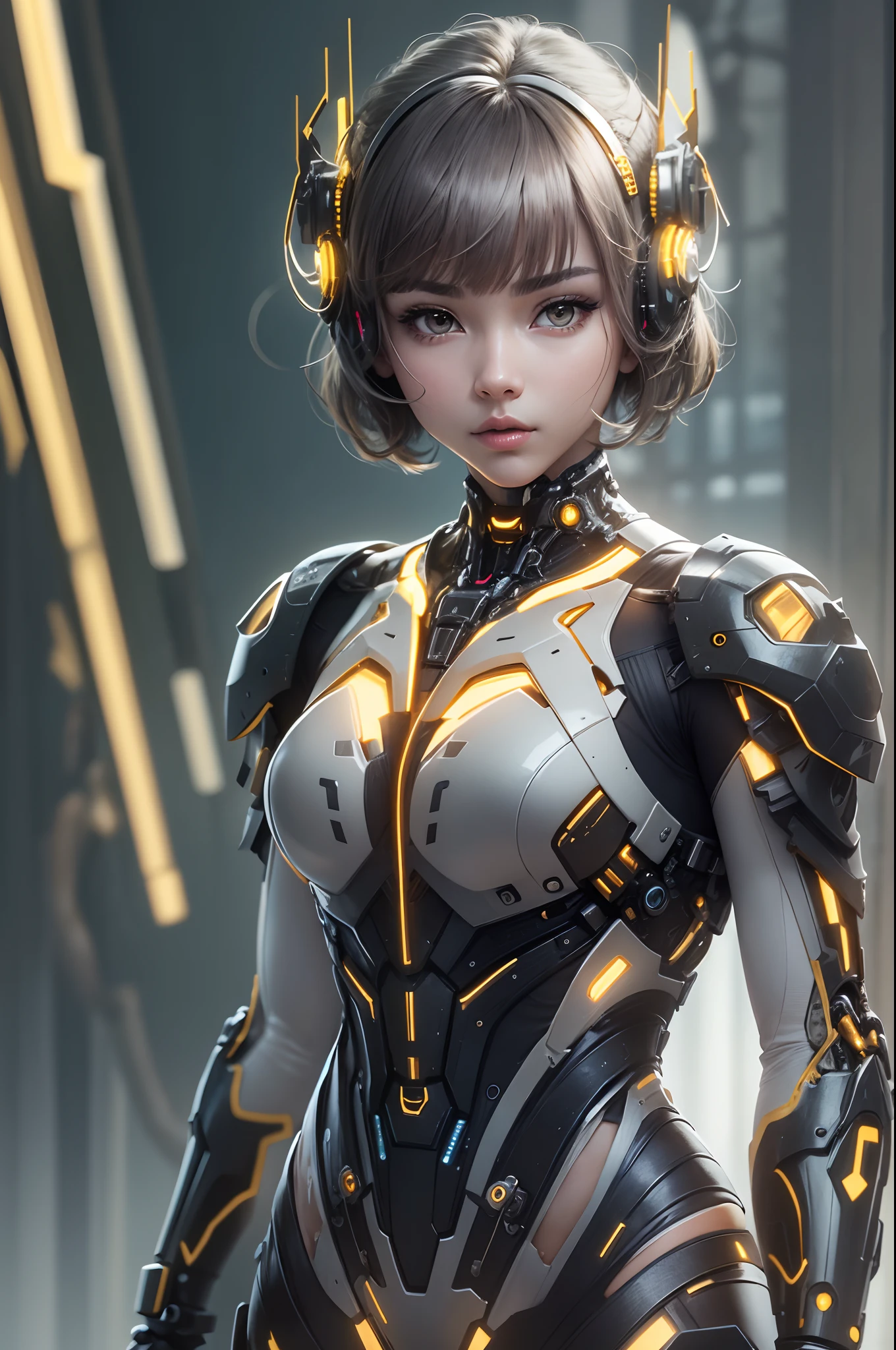 Beautiful cybernetic girl looking at camera underwear detailed muscles realistic masterpiece,Active Pose、action pose、LED Light、Gold Parts、bangs、Short Hair、back view、backs、White and black