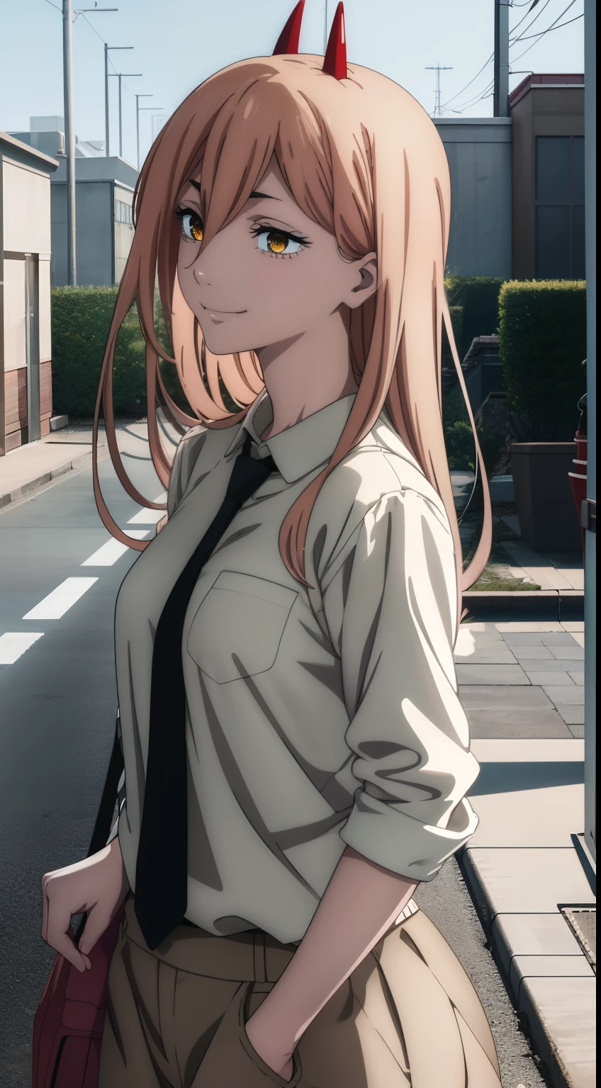 Anime girl with horns and a tie standing on a street - SeaArt AI