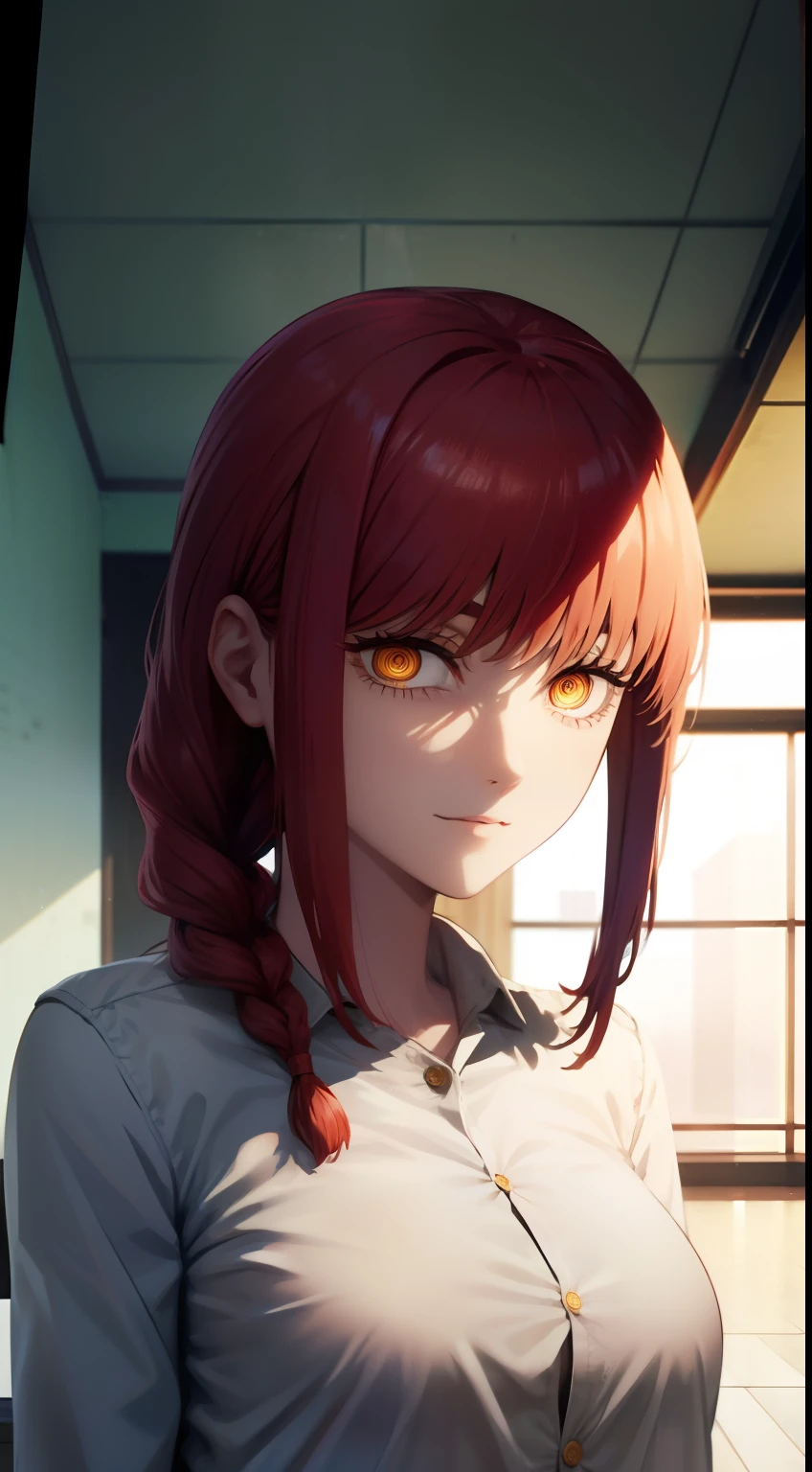 Anime girl with red hair and yellow eyes in a room - SeaArt AI