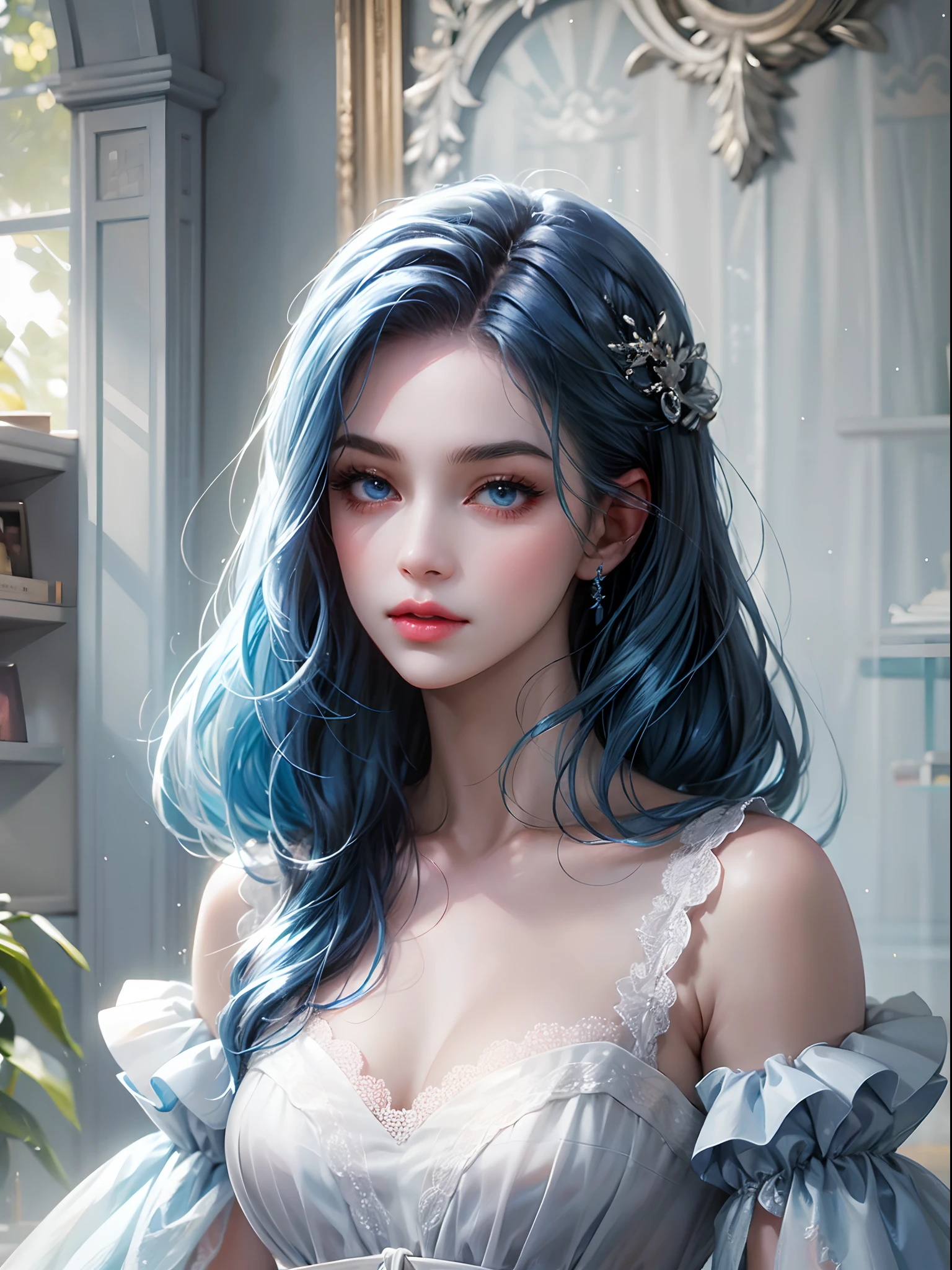 A Women Blue Hair Blue Eyes White Dress Seaart Ai