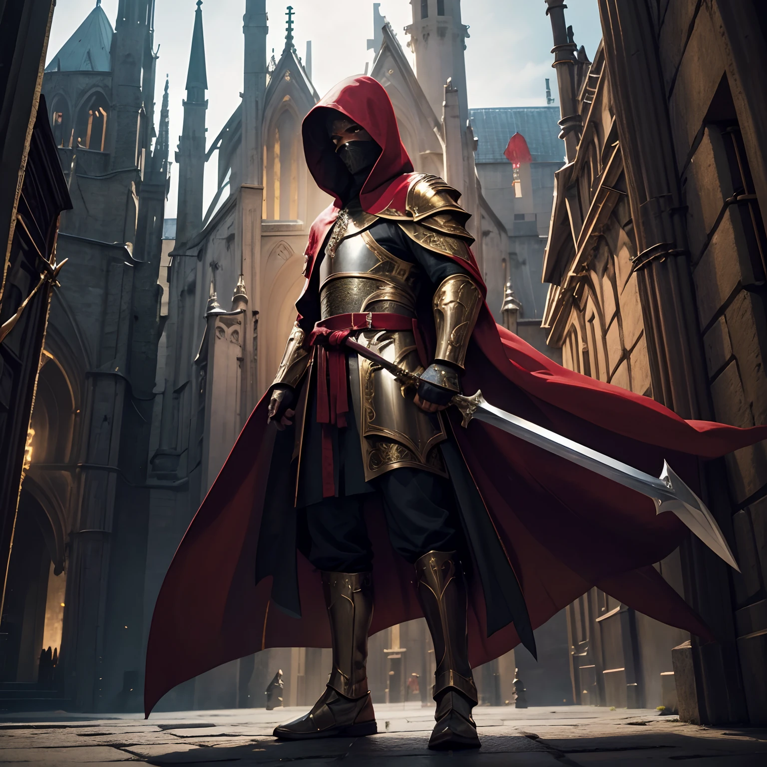 full body low angle shot of an intimidating male holy warrior with cloak with hood in gold red and white clothes wielding a two-handed greatsword standing on top of a cathedral tower, man, ritualistic mask, long coat, black eyes, low angle, highly detailed, masked