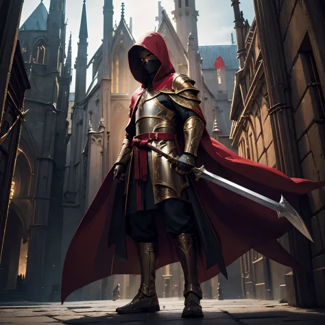 full body low angle shot of an intimidating male holy warrior with cloak with hood in gold red and white clothes wielding a two-...