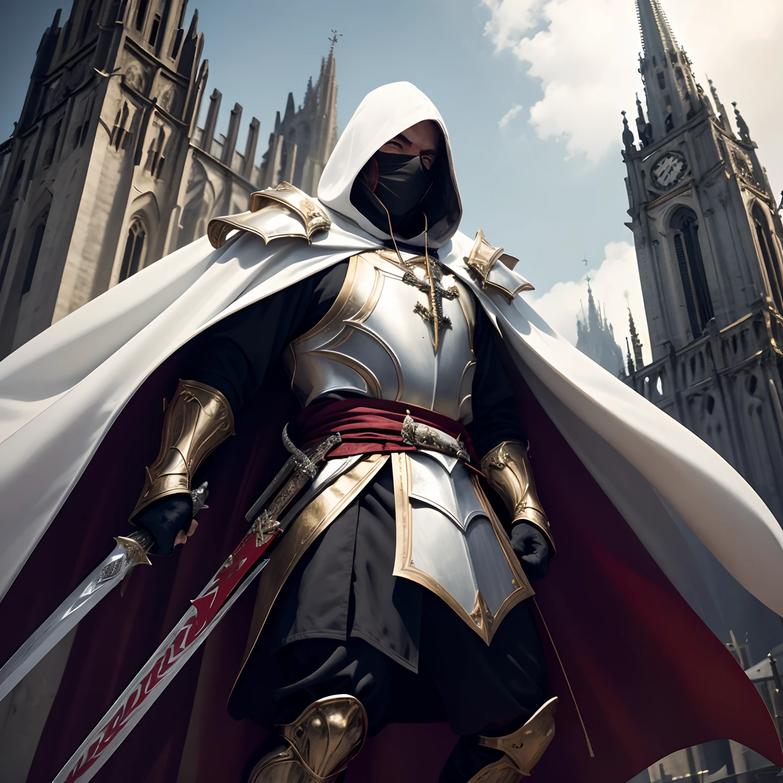 full body زاوية منخفضة shot of an intimidating male ملثمين holy warrior with a white cloak with hood in gold red and white clothes wielding a two-handed greatsword standing on top of a cathedral tower, رجل, معطف طويل, عيون سوداء, زاوية منخفضة, مفصلة للغاية, ملثمين, قناع طقوسي