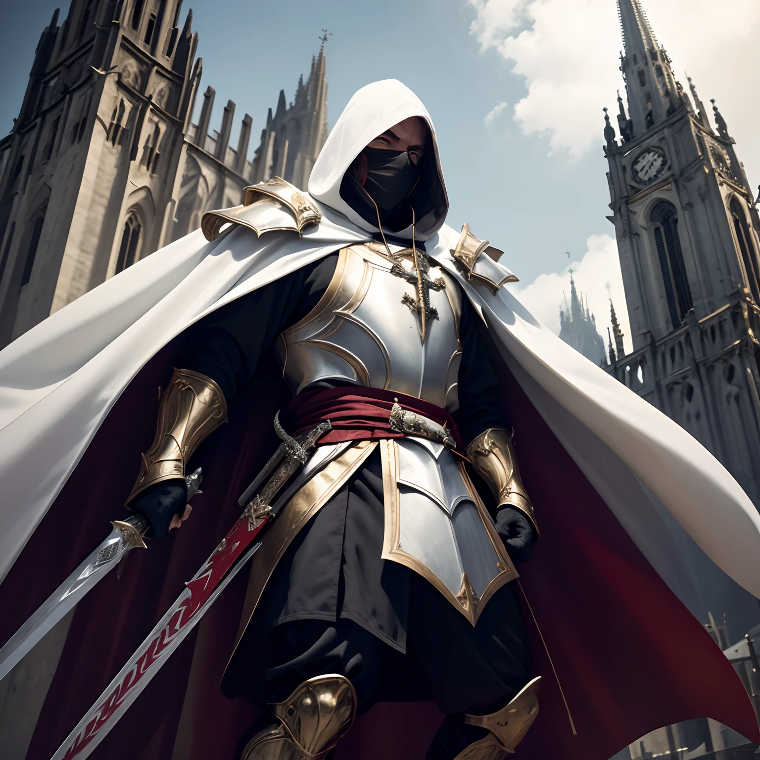 full body low angle shot of an intimidating male masked holy warrior with a white cloak with hood in gold red and white clothes wielding a two-handed greatsword standing on top of a cathedral tower, man, long coat, black eyes, low angle, highly detailed, masked, ritualistic mask