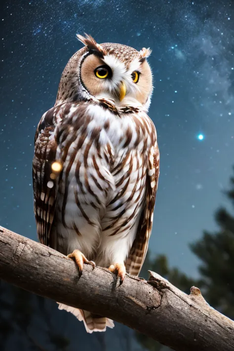 best quality, ultra-detailed, (photorealistic), 
an extremely delicate and beautiful, 
the Owl, in the night, 
round full moon, starry sky, trees, bloom light effect, 
depth of field, professional lighting, 
photon mapping, radiosity, physically-based rend...