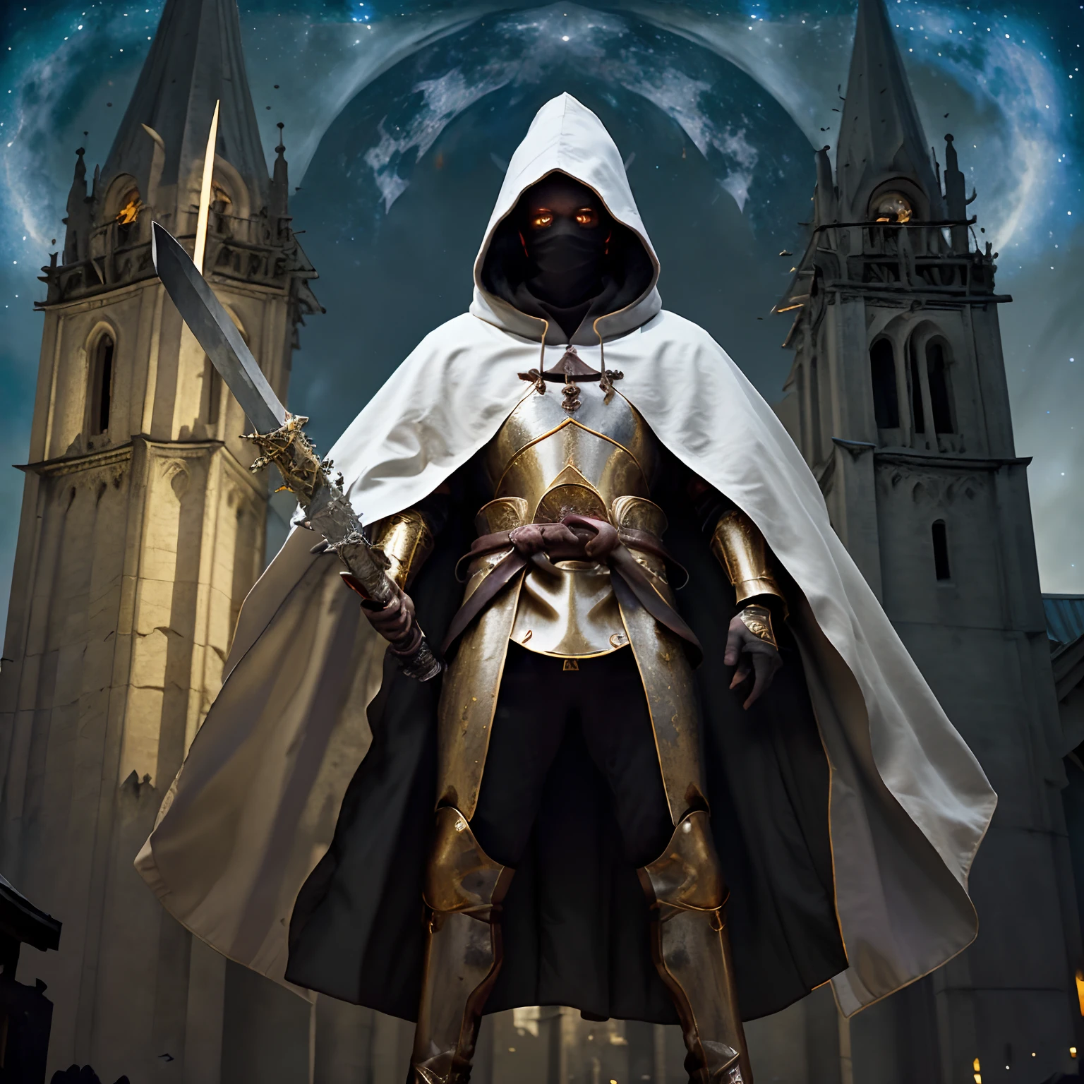 full body ángulo bajo shot of an intimidating masked unarmored male holy warrior with cloak with hood in gold and white clothes wielding a two-handed greatsword standing on top of a cathedral tower, hombre, máscara ritualista, abrigo largo, ojos negros, ángulo bajo, muy detallado, cielo estrellado con una luna roja de sangre