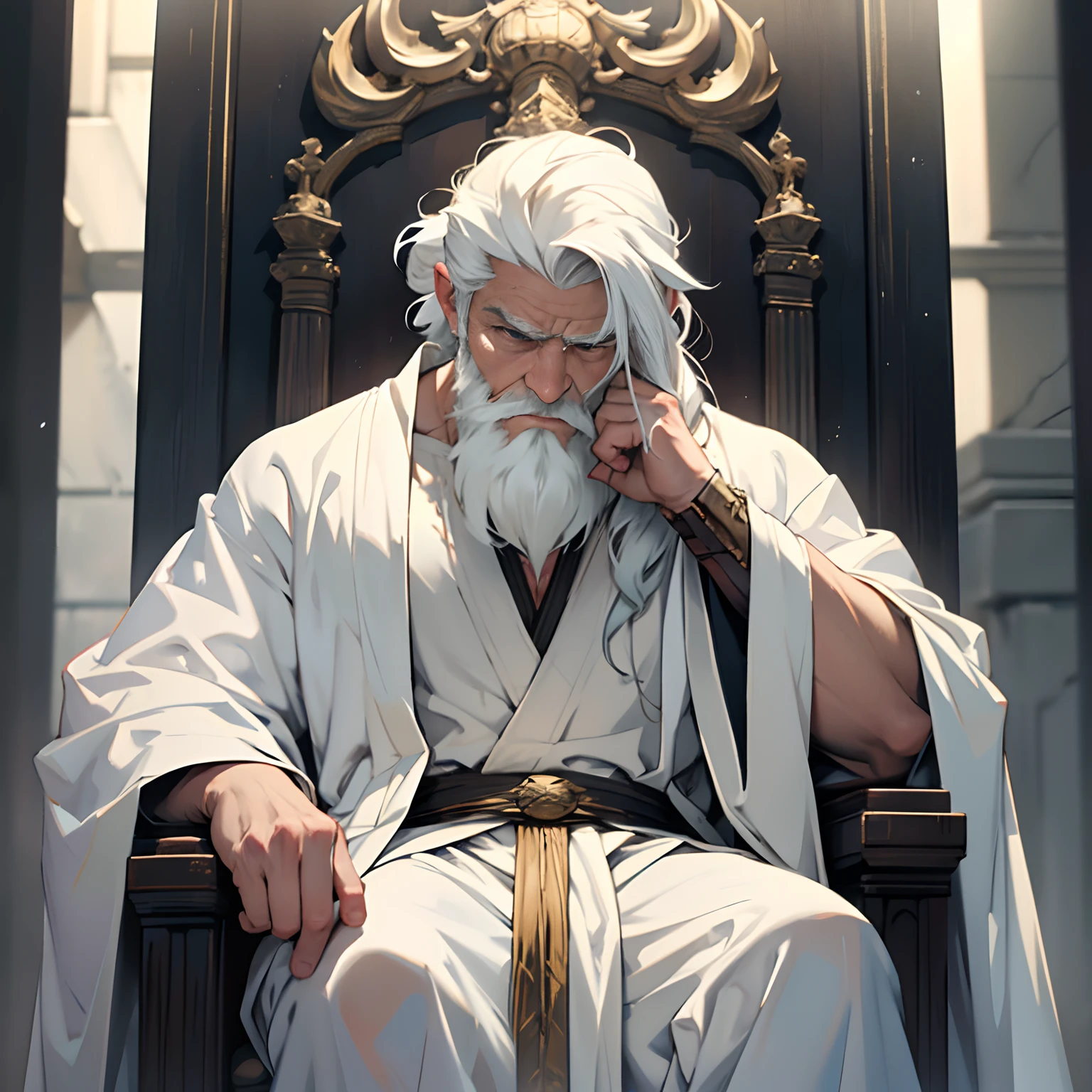 old man with white robe on throne, white beard, sad face, divine, gloomy face, face similiar to chris hemsworth