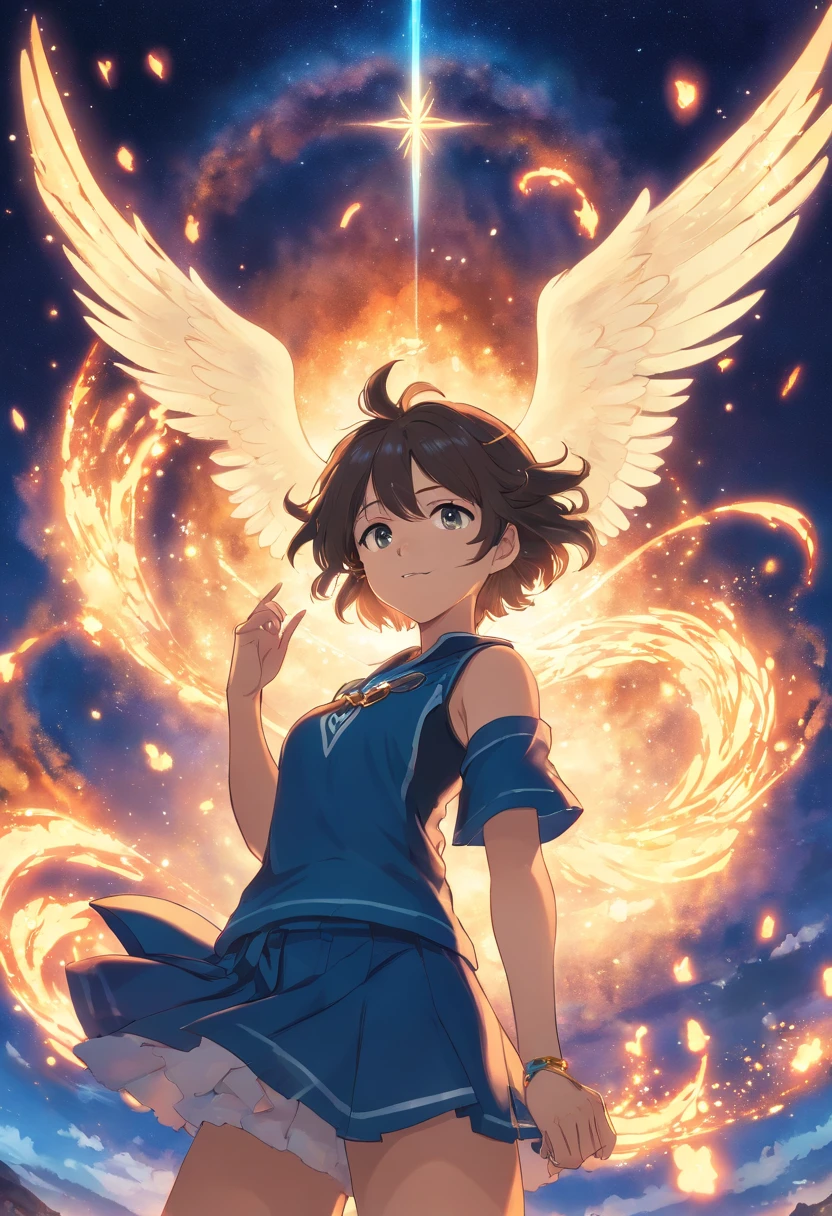 A girl in a blue dress with angel wings and a star in the background -  SeaArt AI