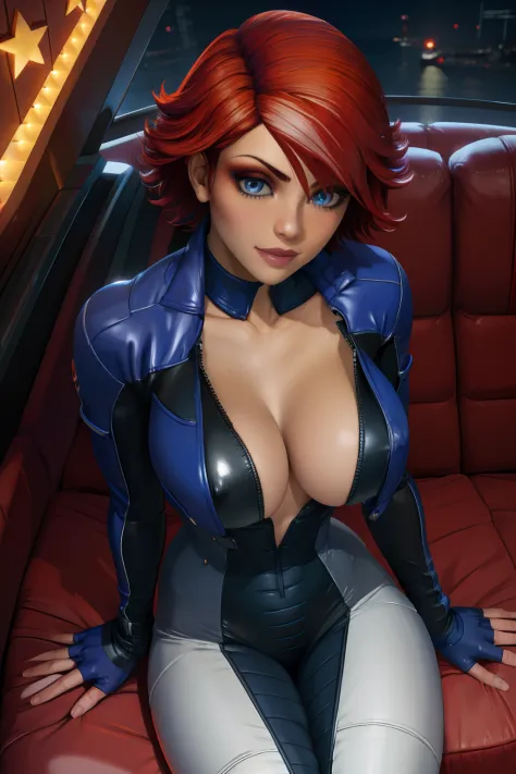 Joanna Dark,solo,short hair,blue eyes,red hair,  blush,  sitting,  from above, 
Blue cropped jacket, bodysuit,gloves,fingerless gloves,unzipped cleavage,    nipples, 
standing, upper body, smile,  teeth, close up, 
cruise ship, night, stars, 
(insanely det...