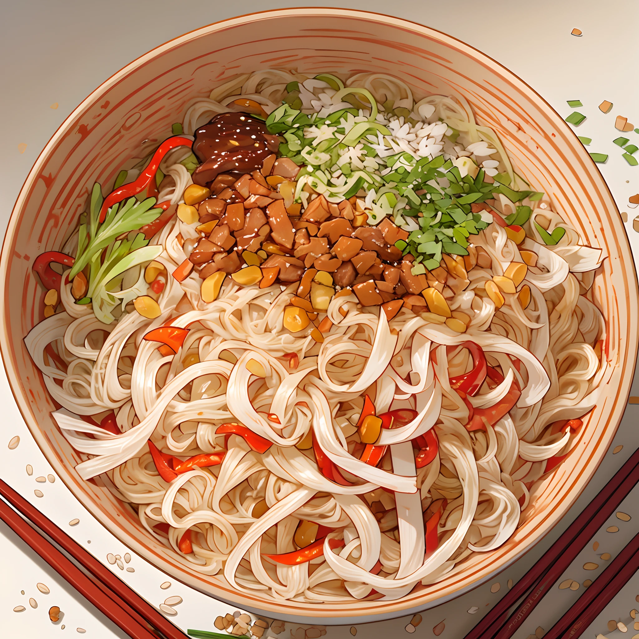 맛있는 중국 쌀국수 한 그릇에 대한 벡터 그림，빈 배경, 옆에는 어지러움이 없어, 쇠고기 내부,고추가 잔뜩，슈퍼 레드 오일, 땅콩밥, 다진 파, 소금에 절인 양배추, 다채로운 애니메이션 스틸 스타일로 쌀국수를 집는 젓가락, SF 애니메이션, 진한 빨간색과 진한 호박색, 첸쉬안, 유기 조각, 정확하고 자세하게, 애니메이션 코어 ,32k 울트라HD, 최고의 품질, 걸작, 슈퍼 디테일, 높은 세부 사항