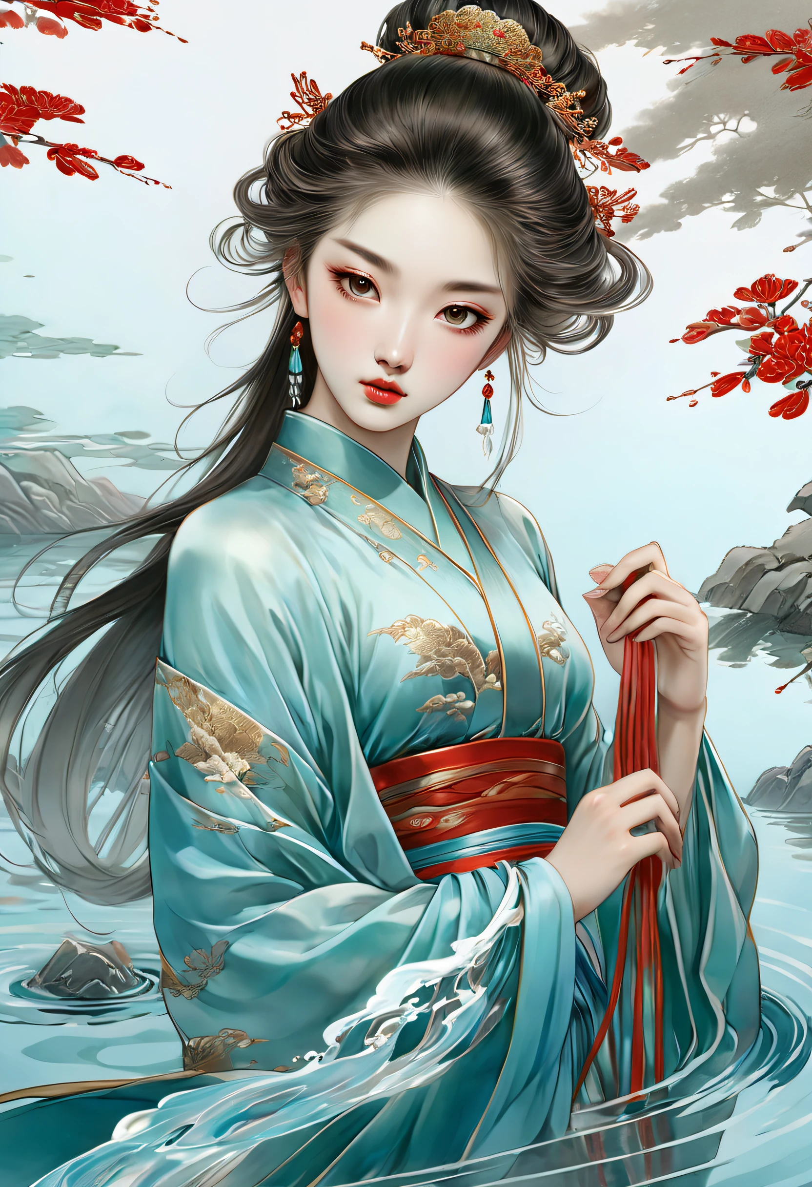 beautiful girl traditional asian, beautiful girl, traditional woman, in the style of hyper-realistic water, anime aesthetic, xiaofei yue, dark gold and light aquamarine, frederick sandys, dark white and light crimson, dreamlike introspection