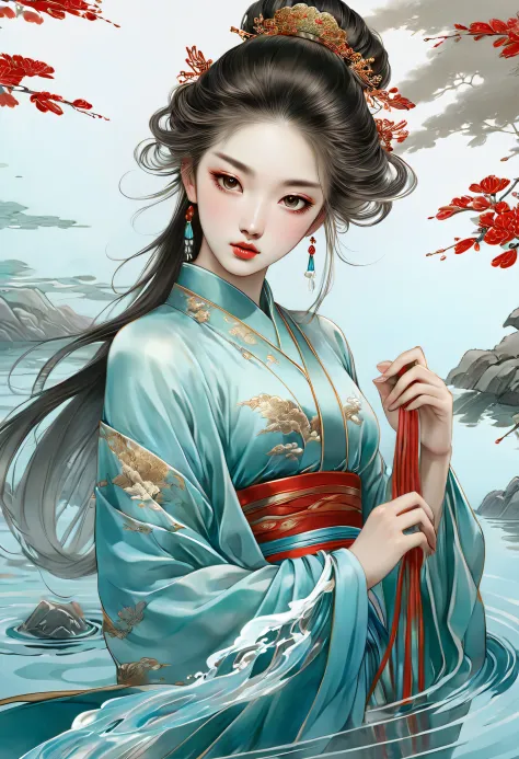 beautiful girl traditional asian, beautiful girl, traditional woman, in the style of hyper-realistic water, anime aesthetic, xia...