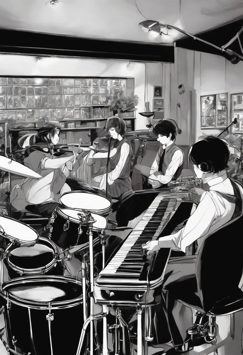 Anime scene of a band playing music in a music studio, Quinteto de jazz,  inspirado por Tsuruko Yamazaki, por Eizan Kikukawa, black and white manga  page - SeaArt AI