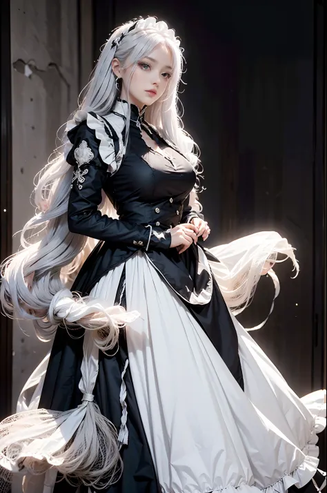 The woman, (European Citizenship: 1.2) In a black and white outfit posing for a photo, maiden! Dress, Anime Girl Cosplay, anime ...