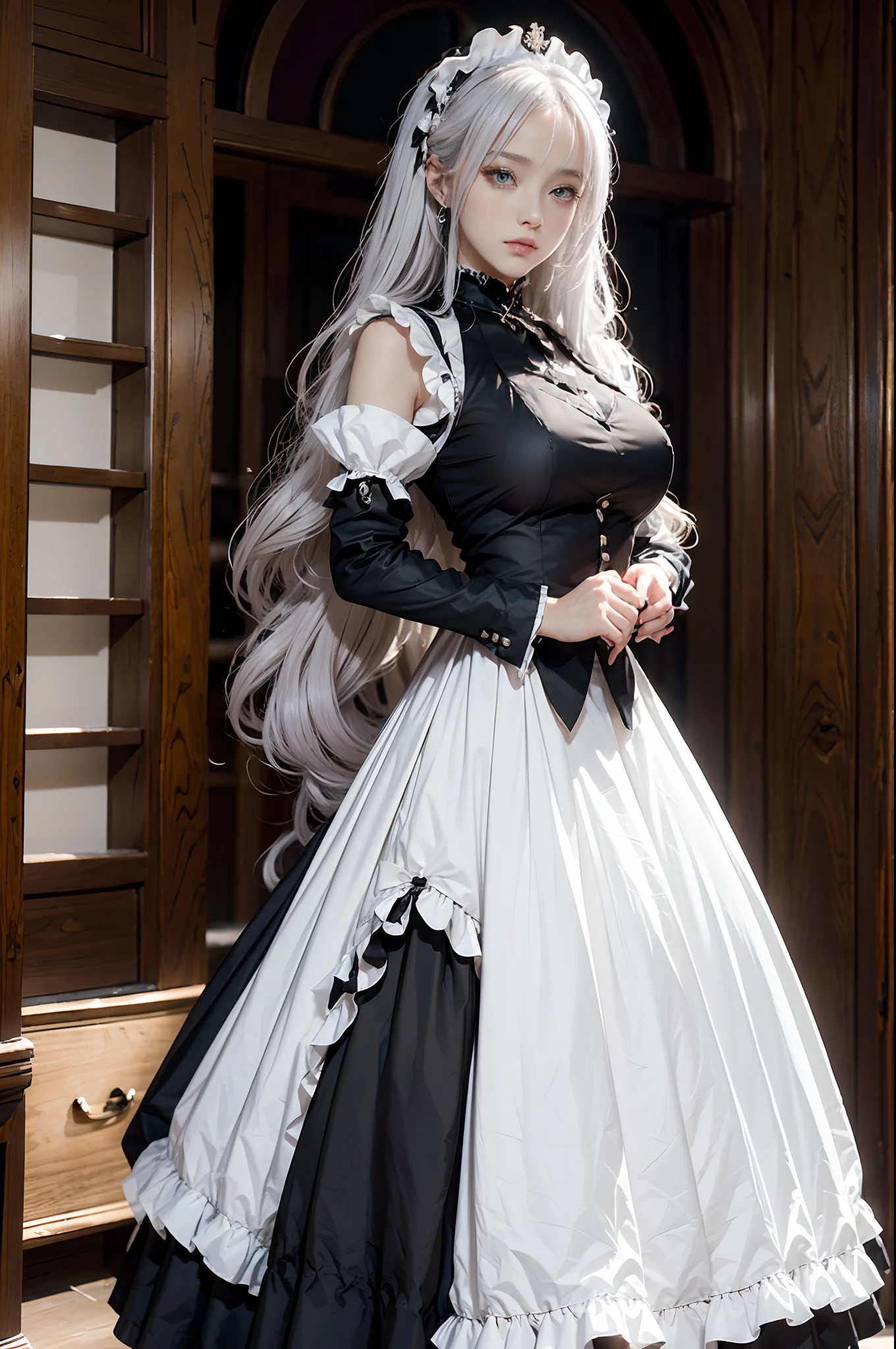 Die Frau, (Europäische Staatsbürgerschaft: 1.2) Im schwarz-weißen Outfit posiert sie für ein Foto, Mädchen! Kleid, Anime-Mädchen-Cosplay, Anime-Mädchen in einem Dienstmädchenkostüm, Das prächtige Mädchen, Dienstmädchen-Outfit, Cosplay-Kostüm photo, Cosplay-Kostüm, anime Cosplay-Kostüm, Ein paar süße Posen, (Ein verführerisches Porträt von Marvel&#39;s Storm: 1.2), (sonnengebräunte Haut: 1.2) (schneeweißes Haar!), (Gesicht der Göttin), (Elegante Haltung: 1.4), elegante Atmosphäre, Edles Ambiente, (Milf: 1.6) (Glänzend strahlend weißes Haar: 1.5), (Cyanfarbene Augen: 1.4), (Dienerin: 1.4), (Schwarz-weißes Dienstmädchen-Outfit: 1.1), (Unglaubliche Schönheit, hohe Gesichtsdetailliertheit:1.3),