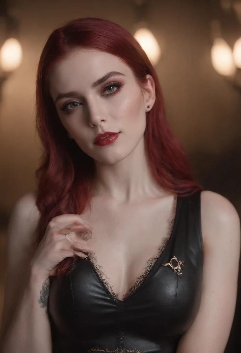 A woman with red hair wearing a black leather dress - SeaArt AI