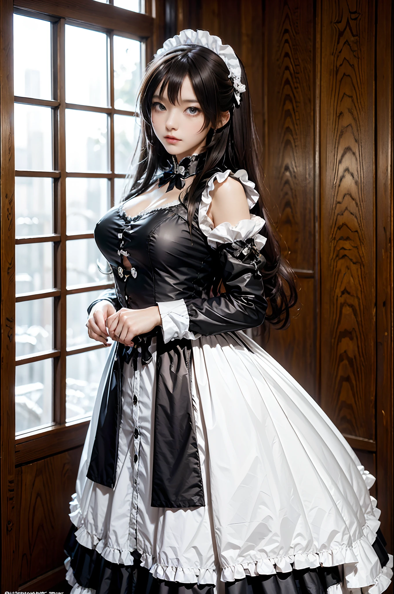 The woman, (European Citizenship: 1.2) In a black and white outfit posing for a photo, maiden! Dress, Anime Girl Cosplay, anime girl in a maid costume, The Magnificent Maiden, maid outfit, cosplay photo, cosplay, anime cosplay, A Few Cute Poses, (Face of the Goddess), (Elegant posture: 1.4), Elegant atmosphere, Noble atmosphere, (Milf: 1.6) (Brown hair: 1.5), (golden eyes: 1.4), (maidservant: 1.4), (Black and White Maid Outfit: 1.1), (Incredible beauty, High facial detail: 1.3),