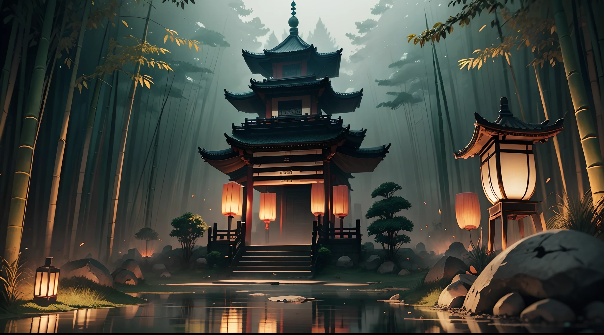 (ink paint), background, (bamboo grave), (Chinese style), (real and anime style), cinematic lighting, depth of field, depth of field, depth of field, depth of field, depth of field, ray tracing, reflection light, masterpiece, high details, high quality, 1080P, HD, best quality, highres