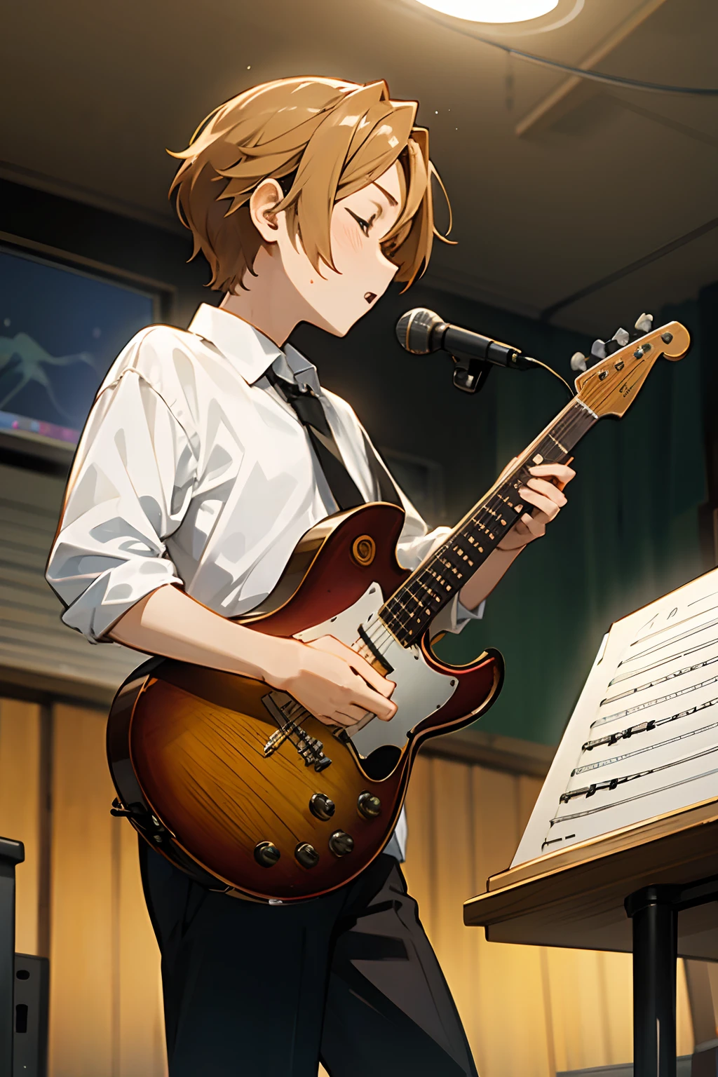 Anime scene of a band playing music in a music studio, Quinteto de jazz,  inspinado en estilo del anime Shigatsu wa Kimi no Uso - SeaArt AI