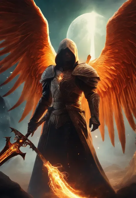 Cosmic Fallen Angel, Tyrell, weapon Holy sword in hand, glowing light ...